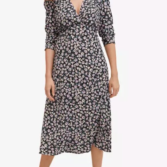 Mango Purple Black Floral Print Long Dress, 3/4 sleeves size L - Picture 5 of 5